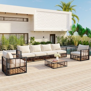 Muebles <span class=keywords><strong>de</strong></span> Jardín Modernos y Minimalistas para Todo Clima, Juego <span class=keywords><strong>de</strong></span> Sofás Seccionales <span class=keywords><strong>de</strong></span> 7 Piezas con Cojines Gruesos <span class=keywords><strong>de</strong></span> Metal para Patio - Product Image 1