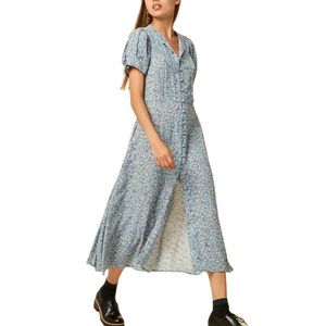 Robe mi-longue pour femmes, vêtements style des années <span class=keywords><strong>1920</strong></span>, tissu imprimé et texturé à rayures avec panneau floral et plissage au couteau, robe mi-longue - Product Image 1