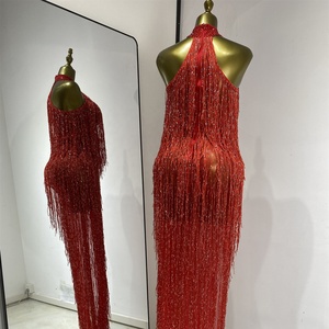 Robe longue ajourée à strass et franges pour femme, idéale pour chanteuse, mannequin, défilé ou soirée - Product Image 2