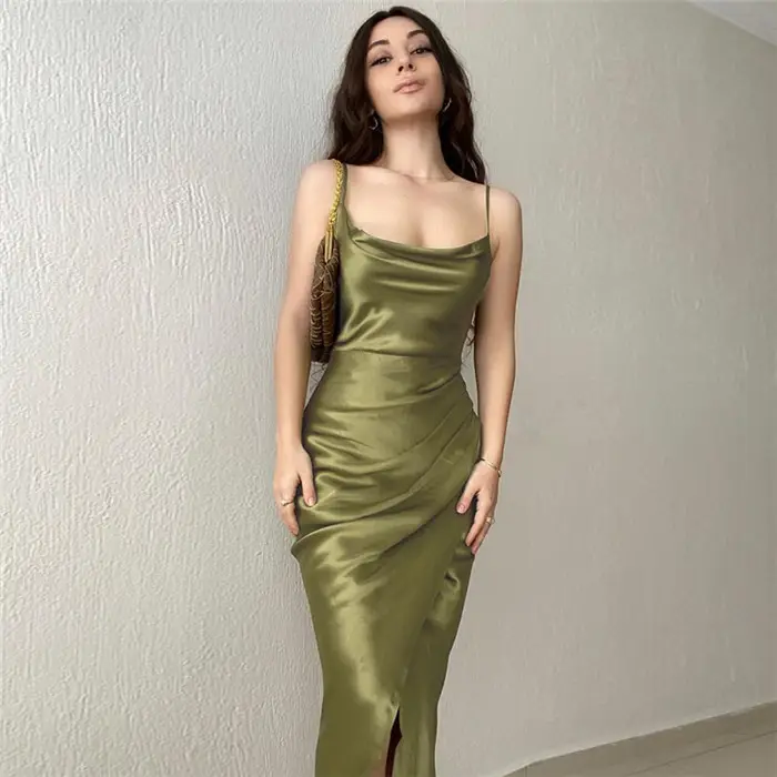 2024 hot sell models spicy girl style sexy low-cut satin split halter dress new Slim backless long dresses