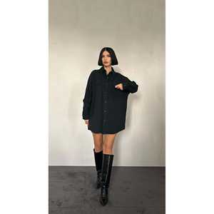 Camisa Negra Estilo Boyfriend para Mujer, Popelina, Doble Bolsillo, Cierre de Botones, Uso Diario - Product Image 2