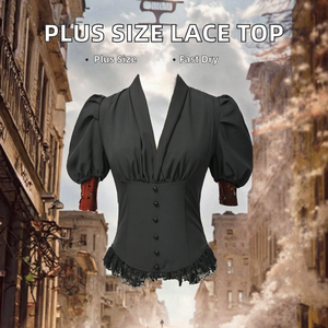 Chemisier vintage noir à manches bouffantes avec bordure en dentelle, col drapé, grande taille, haut pour femme, chemise à manches courtes en satin boutonnée sur le devant - Product Image 2