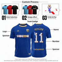 Maillot de football pour homme vierge en tissu jacquard respirant, bleu avec bordure orange, personnalisable avec logo, directement de l'usine, en stock