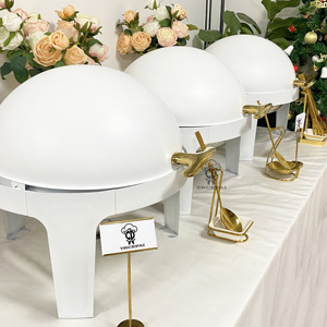 Khay giữ nóng thức ăn tự phục vụ kiểu buffet, chất liệu thép không gỉ, tay cầm vàng, nắp tròn màu trắng, sang trọng - Product Image 2