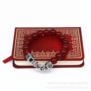 yunnique <b>Red</b> Agate Beads <b>Bracelet</b> 10mm Tibetan Silver Chain Unisex Jewelry Gift - Product Image 2