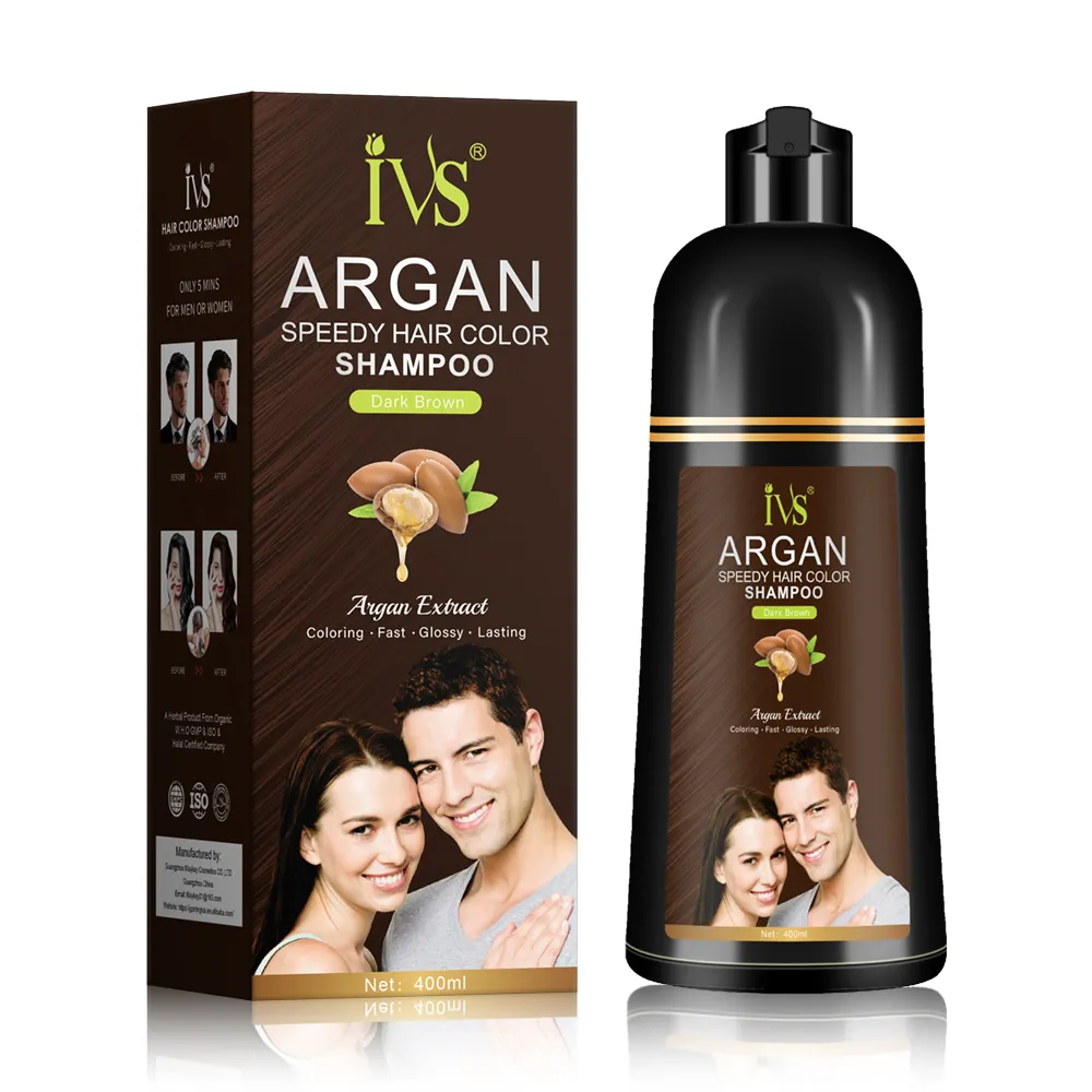 IVS 400ml Home Use Speedy Coloring Fast Glossy Lasting Dark Brown Argan Oil Hair Dye Hair Color Shampoo With Gloves