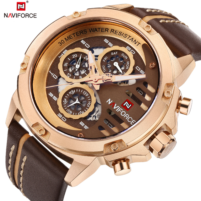 For NAVIFORCE 9110 Men's Waterproof Sport Wrist Watch Top Brand 24 Hour Date Quartz Watch Leather Band Seiko Movement Aluminum