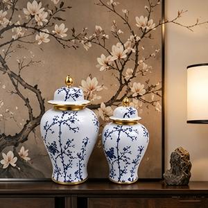 Paire de pots de rangement floraux bleus <span class=keywords><strong>sous</strong></span> glaçure orientale en porcelaine brillante avec finition dorée pour la décoration intérieure - Product Image 4