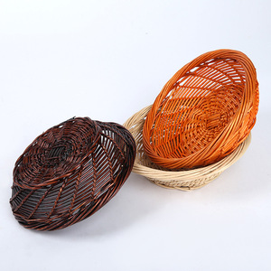 Panier à fruits tressé rond fait main en saule, couleur orange jaune antique originale, pour rangement et présentation - Product Image 1