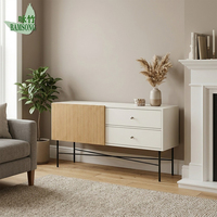 Meuble TV en bambou écologique, couleur blanc cassé, pour salon, console multimédia avec 2 tiroirs, pieds en métal, OEM ODM