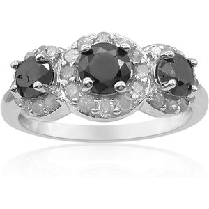 Anillo de Compromiso de Oro Blanco con Diamante Negro Natural de 3 Piedras con Halo, Corte Brillante Redondo de 1.37 Quilates para Mujer - Product Image 1