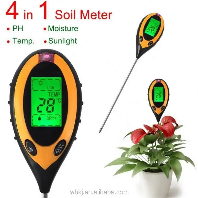 Medidor de solo 4 em 1 com luz de fundo, detector de pH/umidade/temperatura/luz solar com sonda de alta sensibilidade e sensor de solo
