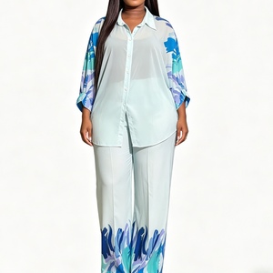 Ensemble chemise à imprimé abstrait et pantalon large pour <span class=keywords><strong>femme</strong></span>, <span class=keywords><strong>tenue</strong></span> décontractée, ensemble 2 pièces, Sehefashion - Product Image 3