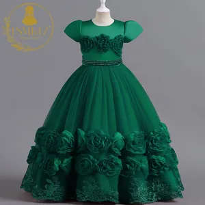 Luxury Bridesmaid Pageant Tulle Ball Gowns Solid Emerald Flower Girls Dresses For Wedding 2023