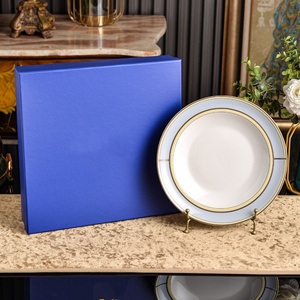 Hot Selling Dinner <b>Plate</b> Set Green Rim Gold Line Round <b>Ceramic</b> <b>Plate</b> Dish for Dining Gift - Product Image 2