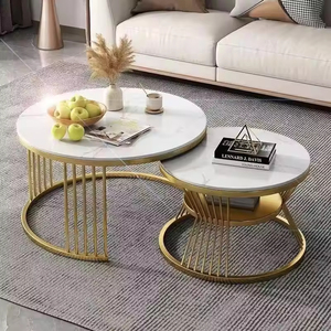 Mesas de Centro Extensibles de Estilo Nórdico Moderno, de Lujo, con Superficie de Mármol, Ecológicas, de Metal Blanco Simple con Detalles en Oro, para Sala de Estar - Product Image 1
