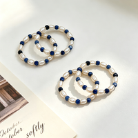 Bague élastique vintage en lapis-lazuli et perle d'eau douce naturelle, bague élastique facettée en lapis-lazuli