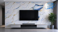 Panneau mural composite PVC effet marbre UV, blanc brillant avec veines bleues et dorées, résistant aux rayures, imperméable, revêtement intérieur