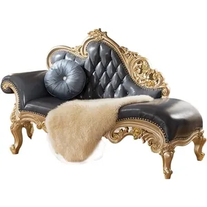 Luxury European Chaise Lounge Antique White Leather Gold Leaf Sofa Hand Carved Mahogany Solid Wood Living Room Furniture