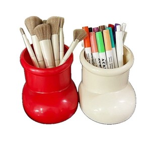 Plastic Makeup Brush Holder Round Cosmetic Storage Organizer For Desk Use Red And White Colors - Product Image 1