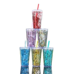 16Oz 480Ml Hot-Selling Double-Layer Plastic Minimalist Transparent Milk Juice <b>Large</b> Capacity Tumbler Mug <b>Cup</b> With Sequins Straw - Product Image 1