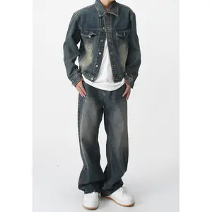 Streetwear setelan Denim pria, setelan Jeans kustom dua potong, jaket Denim cetak dicuci, setelan jins untuk pria