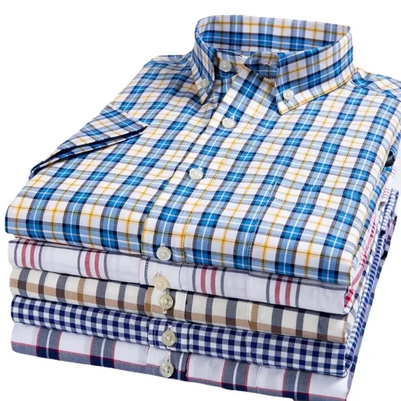 High Quality Summer Men's Shirt Men's 100% Cotton Plaid Short Sleeve Shirt Breathable Pure Cotton Men's Half Sleeve Shirt
