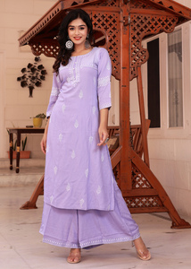 Hermosos Conjuntos de Kurta, Palazzo y Dupatta Casuales de Algodón Color Lavanda, Mejor Precio, Venta al Por Mayor para Mujeres, OEM - Product Image 3