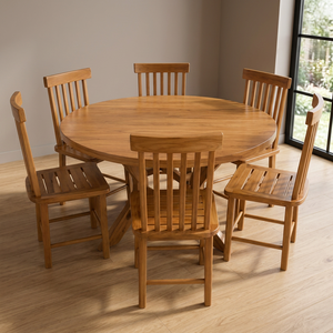 Ensemble de table à manger ronde en teck naturel pour l'extérieur avec 6 chaises à lattes pour jardin, patio, hôtel, complexe hôtelier - Product Image 3