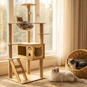 Árbol para <span class=keywords><strong>Gatos</strong></span> Multinivel de Madera con Postes Rascadores de Sisal, <span class=keywords><strong>Hamaca</strong></span> y Estructura de Escalada - Product Image 1