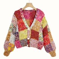 Pull en tricot d'hiver fait main E&L pour femmes, couleur bonbon, motif géométrique, design carré, style doux, pull pour femmes