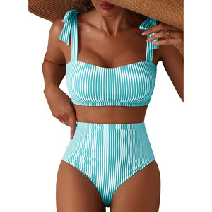 Conjunto de 2 piezas para mujer: Top de bikini con tiras cruzadas y estampado aleatorio a rayas para verano/primavera y braguita de baño con diseño de empalme. - Product Image 5