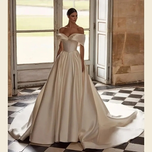 Abito da <span class=keywords><strong>sposa</strong></span> in raso con spalle scoperte 2026, stile <span class=keywords><strong>vintage</strong></span>, elegante, con pieghe, per donna, personalizzabile - Vestido De Novia - Product Image 1