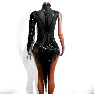 Body Sexy Negro con Flecos, Malla Elástica, Asimétrico, de un Solo Hombro, con Lentejuelas y Borlas, para Baile Latino, Samba, Festivales y Actuaciones - Product Image 5