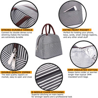 Sac à déjeuner isotherme portable en tissu Oxford PEVA avec fermeture éclair, unisexe, rayé, boîte à bento thermique, sac fourre-tout avec poche avant, étanche, pour le bureau