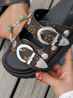 Sandales compensées de luxe à double boucle et bout ouvert pour femme, motif monogramme marron, tendance mode, semelle épaisse