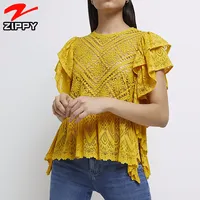 Damen Tops Casual Designs Blusen Aushöhlen Gelbe Spitze Bluse Rüschen Manschette Sommer Blusen Für Frauen