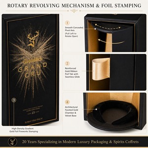 Boîte cadeau vin vintage OEM robuste avec support cylindrique rotatif et piédestal en velours pour présentation de champagne - Product Image 2