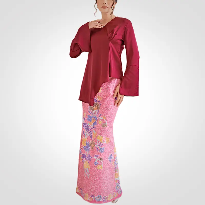 SIPO 2024 فستان Baju Kurung بيع بالجملة في فيتنام فستان مستدير من الساتان مع قصة أمامية غير متساوية فستان إسلامي