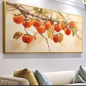 Pintura al óleo pintada a mano, árbol de caqui, arte de pared enmarcado rectangular para sala de estar, decoración tras el sofá, estilo chino - Product Image 3