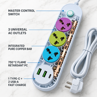Multiprise industrielle universelle 10A avec port USB-C, 6 prises multicolores, barre d'alimentation domestique, 2 ports USB et 1 chargeur rapide Type-C