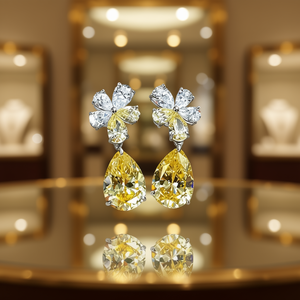 Boucles d'oreilles pendantes fleuris en alliage jaune avec zircon taillé en poire et strass, bijoux romantiques pour femme pour les soirées - Product Image 2