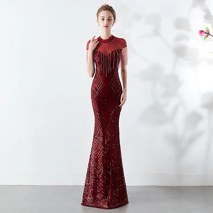 1586#New style evening dresses luxurious short sleeve fish cut gown women sequin prom dress long