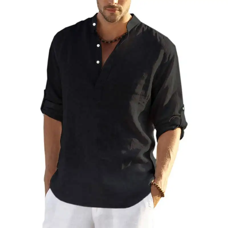 الأكثر مبيعًا قميص هينلي قطني رجالي جديد بأكمام طويلة هيبي كاجوال تي شيرتات شاطئ