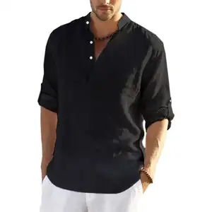 Hot selling 2023 new Men's Cotton Linen Henley Shirt Long Sleeve Hippie Casual Beach T Shirts