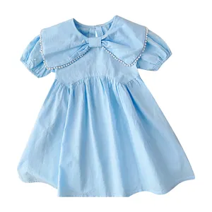 Bären führer Mädchen im koreanischen Stil Sommer prinzessin Kleid Erfrischend solide blaue Revers Schleife Pearl Edge Baby Girl Kleider