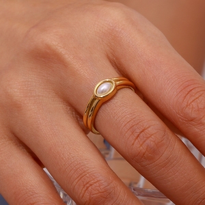 Anillo de piedras preciosas de acero inoxidable de oro de 18K Europeo Americano de moda Simple accesorio de piedra Natural de rayas horizontales para mujer - Product Image 4