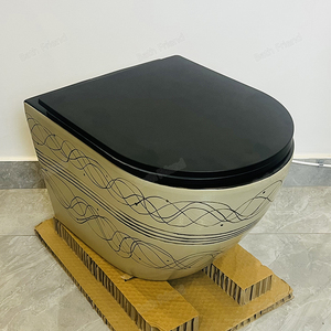 Vente en gros de toilettes suspendues au mur de couleur dorée Articles sanitaires Salle de bain Design moderne Wc P-trap <span class=keywords><strong>Toilette</strong></span> avec housse de siège noire - Product Image 6