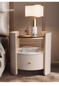 Modern Round Nightstand with Glass Top and Marble <b>Shelf</b> White Storage Drawer Bedroom Furniture - Product Image 5