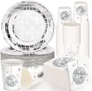 Trắng và bạc 70S Disco Nguồn cung cấp bên bao gồm giấy ăn tối tấm giấy ly và bên Cocktail Khăn ăn cho bữa tiệc Disco